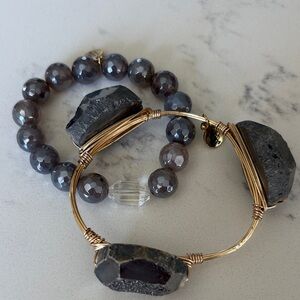 Grey Druzy & Beaded Bracelet Set with Gold-Tone Wire Accents